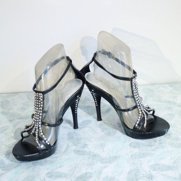 NEW Black Diamond Rhinestone Strappy Stiletto Heels - Picture 9 of 15